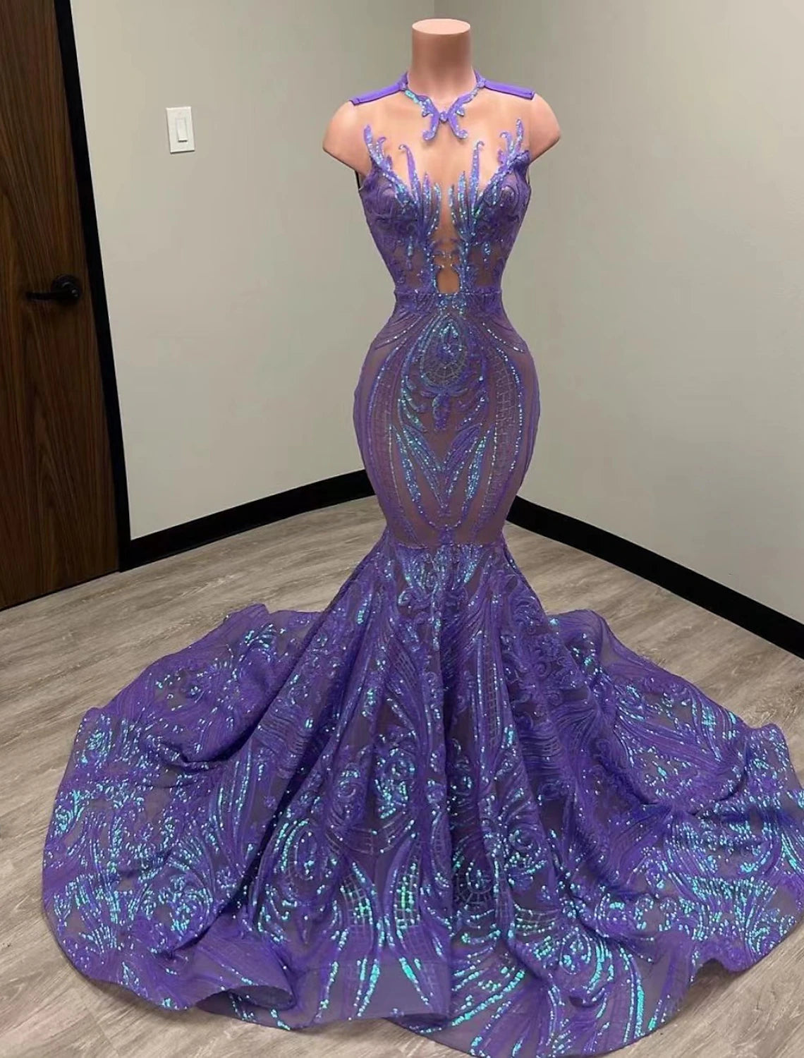 Wholesa Mermaid Black Dress Evening Gown Elegant Dress Carnival Formal Court Train Sleeveless Illusion Neck African American Sequined with Sequin