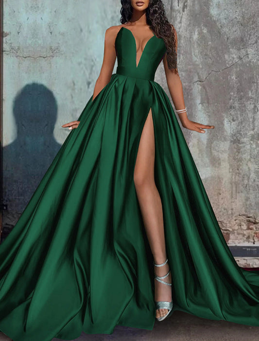 Wholesa A-Line Evening Gown Red Green Dress Formal Wedding Party Court Train Sleeveless Strapless Satin with Pleats Slit