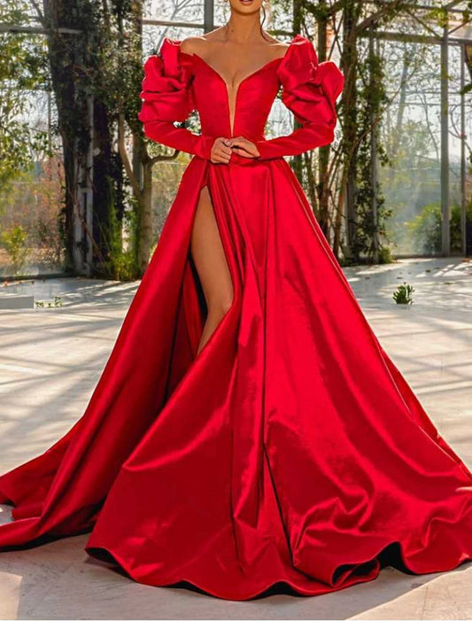 Wholesa A-Line Evening Gown Red Green Dress Masquerade Prom Court Train Long Sleeve V Neck Satin with Slit