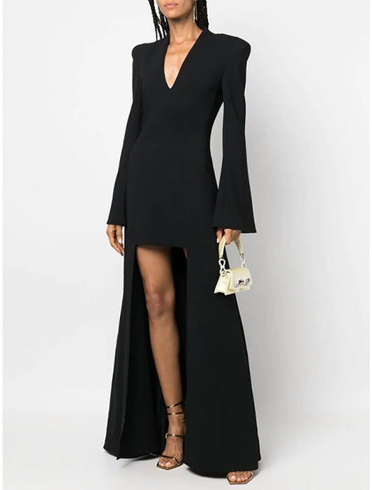 Aimishang Elegant Evening Dress Formal Asymmetrical Black Dress Long Sleeve V Neck Simple Party Dress