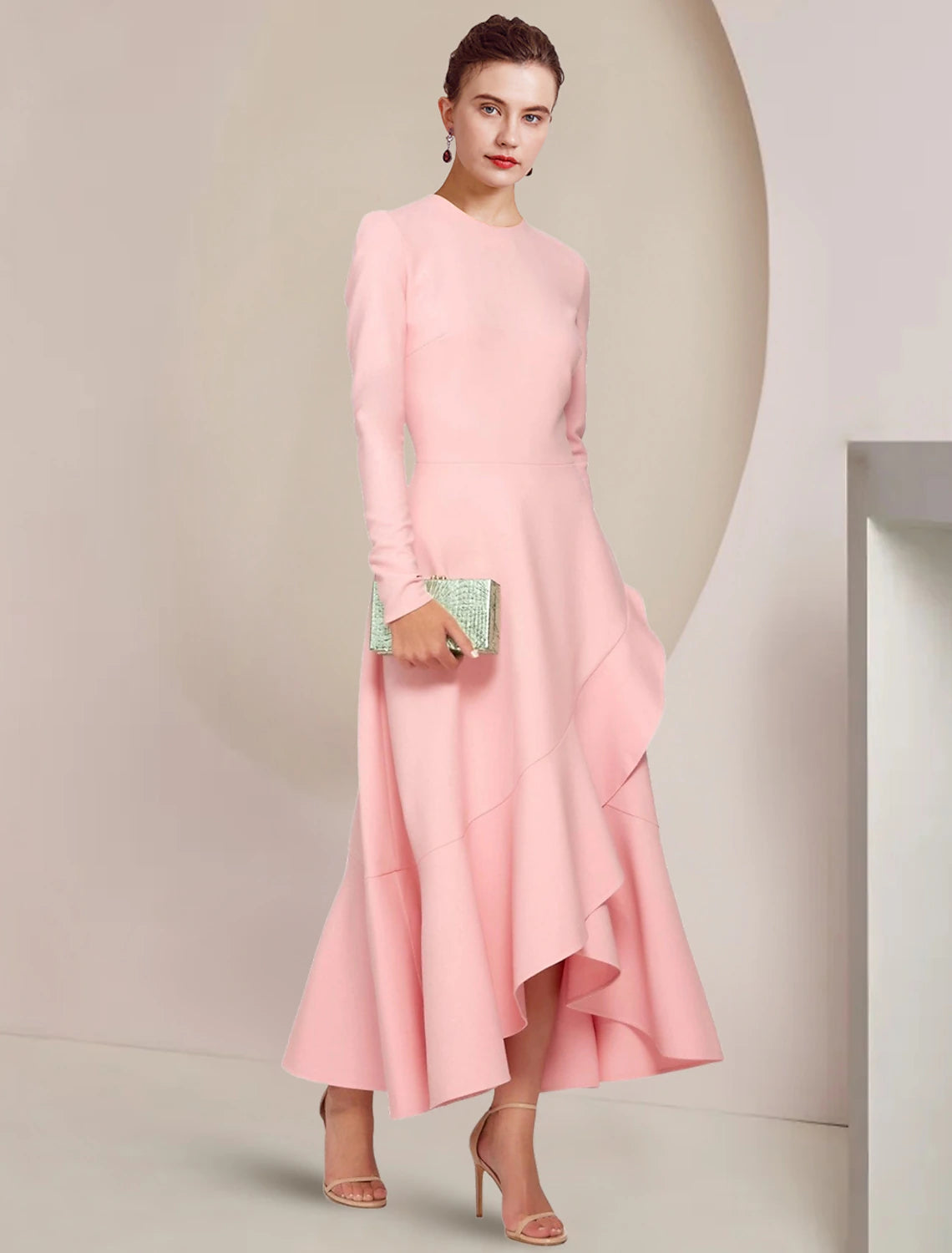 wholesale A-Line Mother of the Bride Dress Formal Wedding Guest Elegant High Low Scoop Neck Asymmetrical Ankle Length Stretch Fabric Long Sleeve with Ruffles