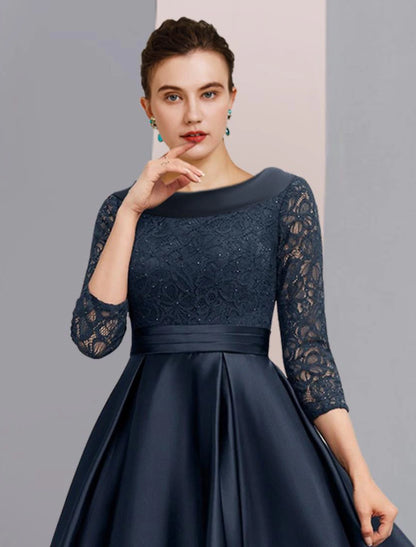 Wholesa  A-Line Mother of the Bride Dress Formal Wedding Guest Elegant Vintage Bateau Neck Ankle Length Satin Lace 3/4 Length Sleeve with Pleats Ruched