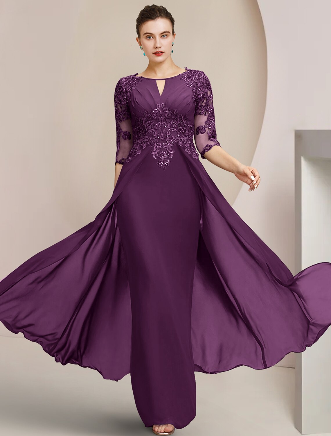 Wholesa Sheath / Column Mother of the Bride Dress Formal Wedding Guest Elegant Scoop Neck Floor Length Chiffon Lace Half Sleeve with Sequin Appliques