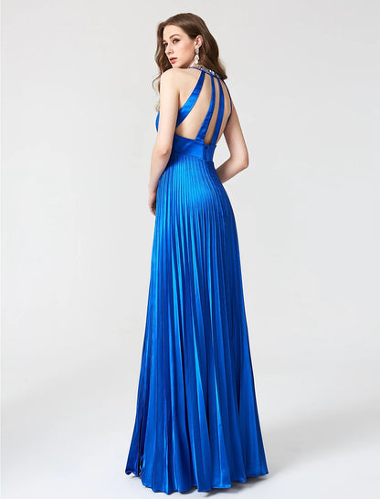 Wholesa  A-Line Beautiful Back Dress Holiday Cocktail Party Floor Length Sleeveless Jewel Neck Satin with Pleats Beading