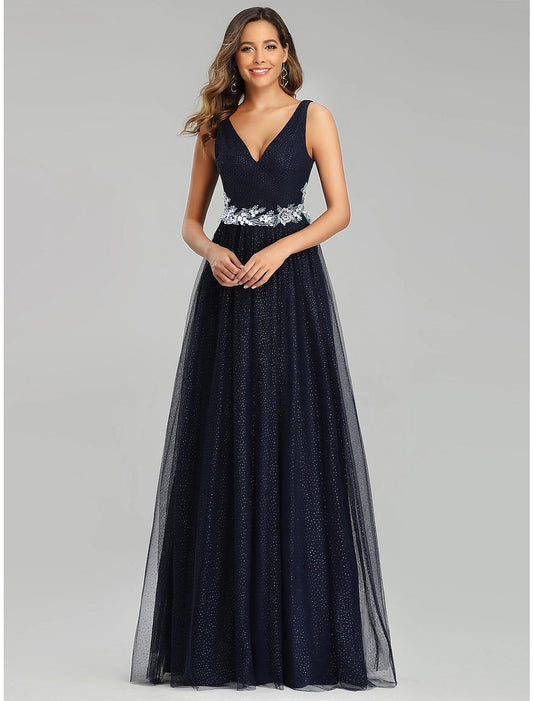 Wholesa A-Line Prom Dresses Empire Dress Wedding Guest Prom Floor Length Sleeveless V Neck Tulle with Sequin Appliques