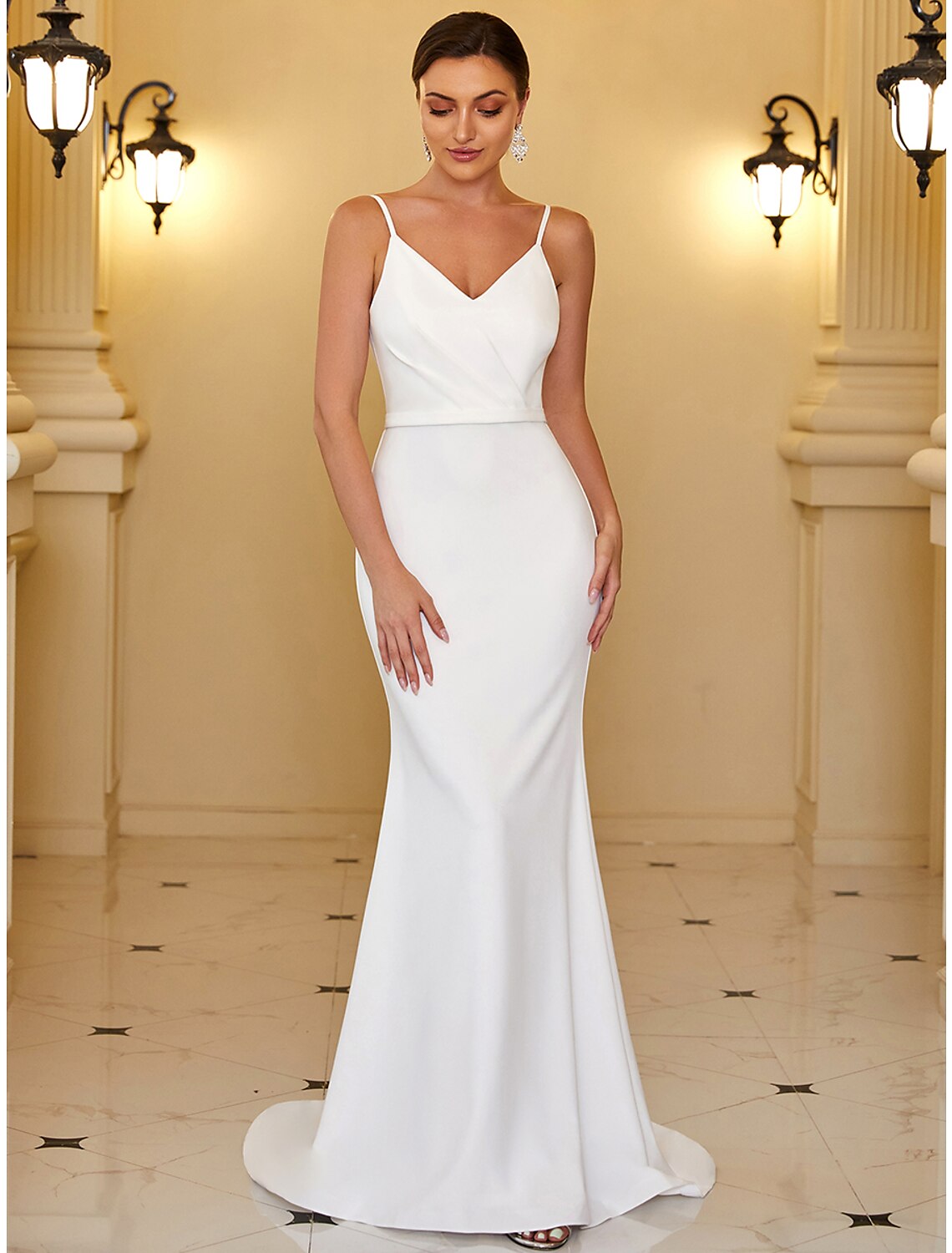 Wholesale Reception Casual Wedding Dresses Mermaid / Trumpet Camisole V Neck Spaghetti Strap Sweep / Brush Train Stretch Fabric Bridal Gowns With Ruched Draping 2023 Summer Wedding Party