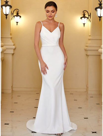 Wholesale Reception Casual Wedding Dresses Mermaid / Trumpet Camisole V Neck Spaghetti Strap Sweep / Brush Train Stretch Fabric Bridal Gowns With Ruched Draping 2023 Summer Wedding Party