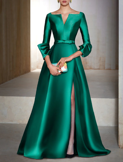 Wholesa A-Line Evening Gown Elegant Dress Formal Cocktail Party Floor Length Long Sleeve V Neck Wedding Guest Satin