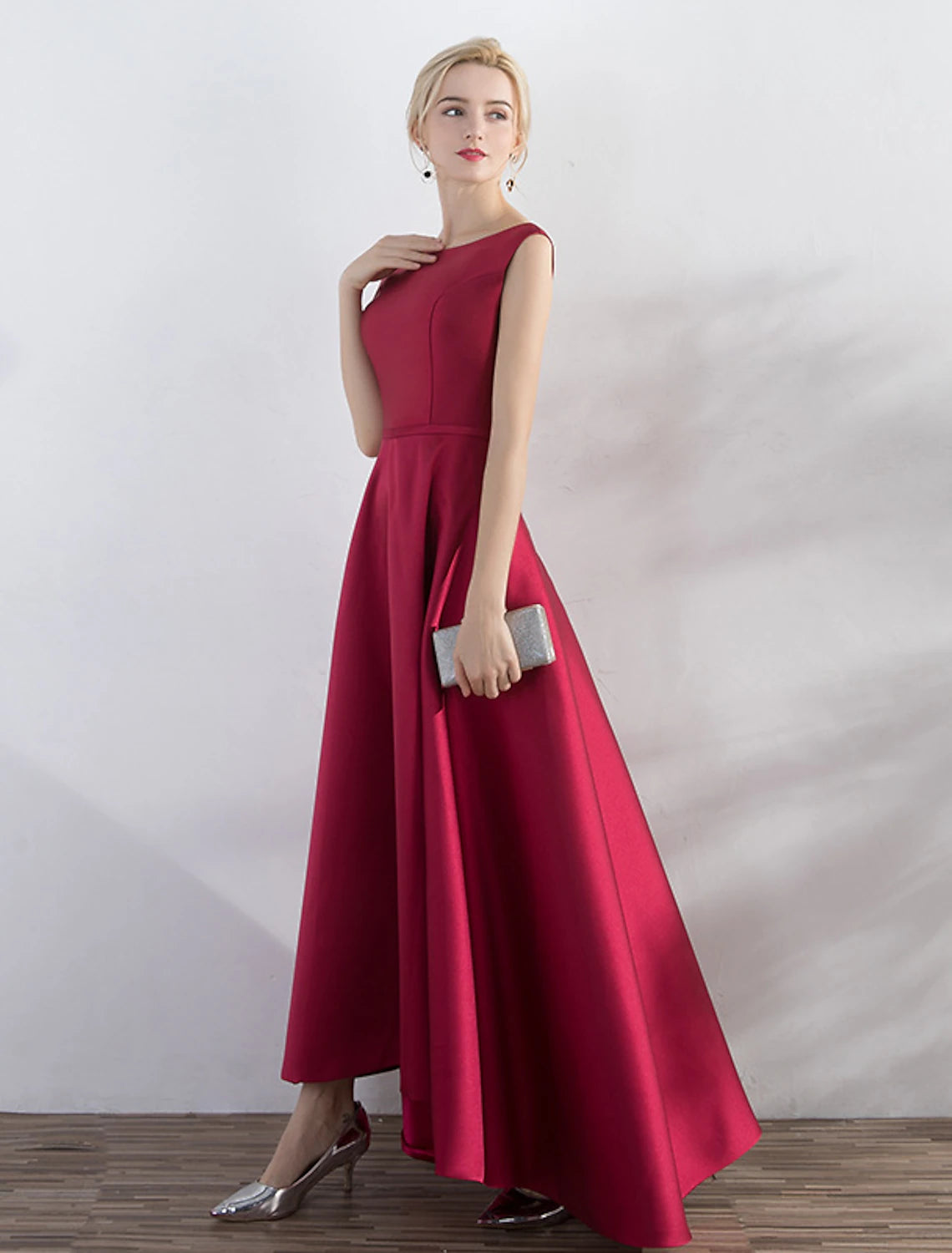 Wholesale A-Line Evening Gown Elegant Minimalist Dress Party Wear Wedding Guest Asymmetrical Sleeveless Jewel Neck Satin with Sleek