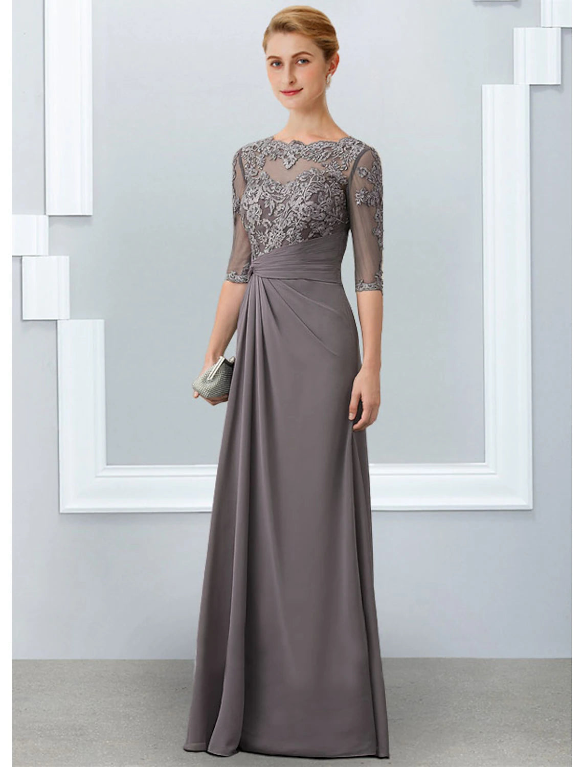 Wholesa  Sheath / Column Mother of the Bride Dress Elegant Jewel Neck Floor Length Chiffon Lace 3/4 Length Sleeve with Appliques