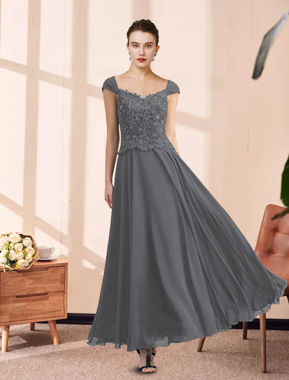 wholesale  Two Piece A-Line Mother of the Bride Dress Elegant V Neck Ankle Length Chiffon Lace Sleeveless with Pleats Appliques