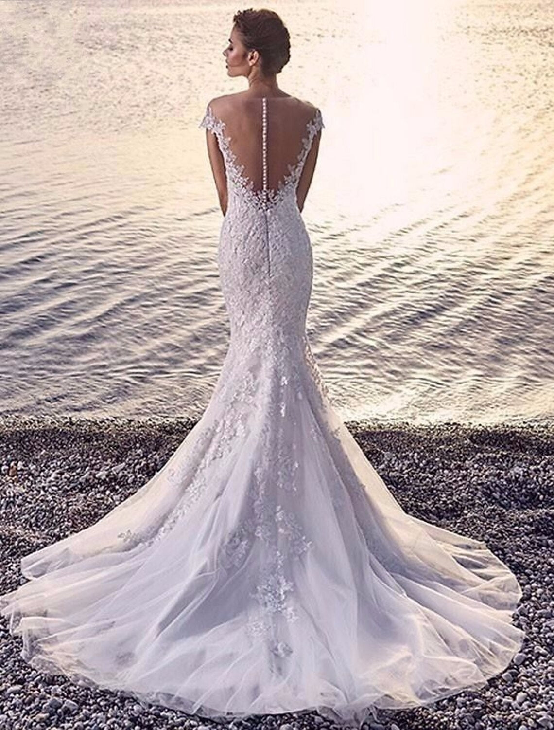 Wholesale Beach Formal Wedding Dresses Mermaid / Trumpet Scoop Neck Off Shoulder Cap Sleeve Court Train Lace Bridal Gowns With Appliques Summer Wedding Party