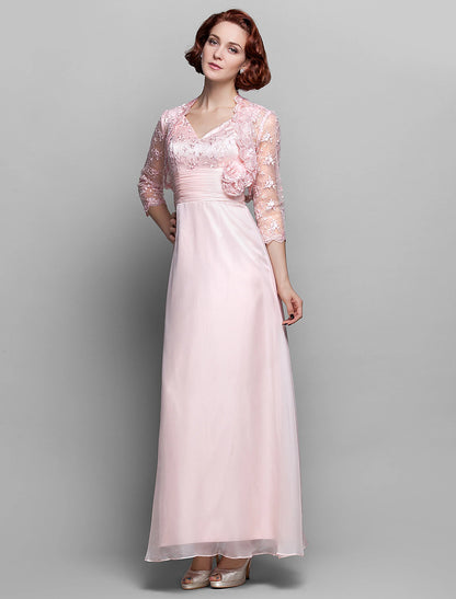 wholesale Sheath / Column Mother of the Bride Dress V Neck Ankle Length Chiffon Lace 3/4 Length Sleeve with Bow(s) Ruched