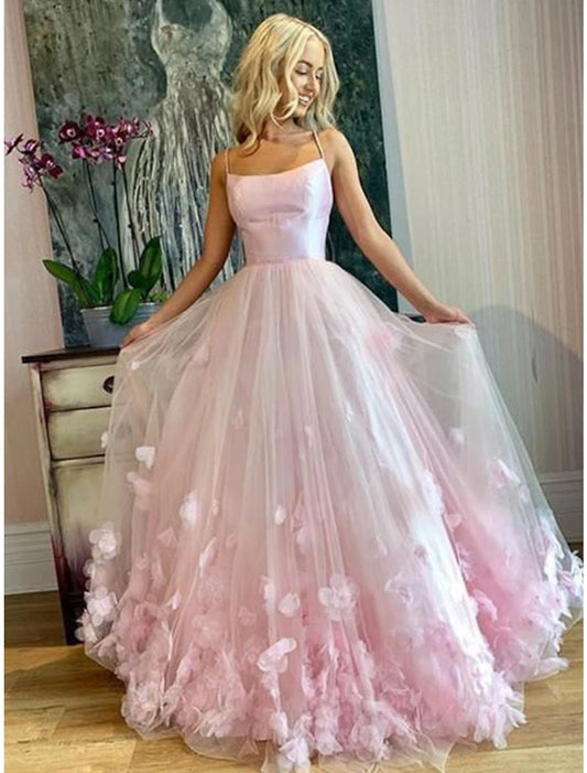 Wholesale A-Line Prom Dresses Floral Dress Performance Floor Length Sleeveless Spaghetti Strap Tulle with Pleats Appliques