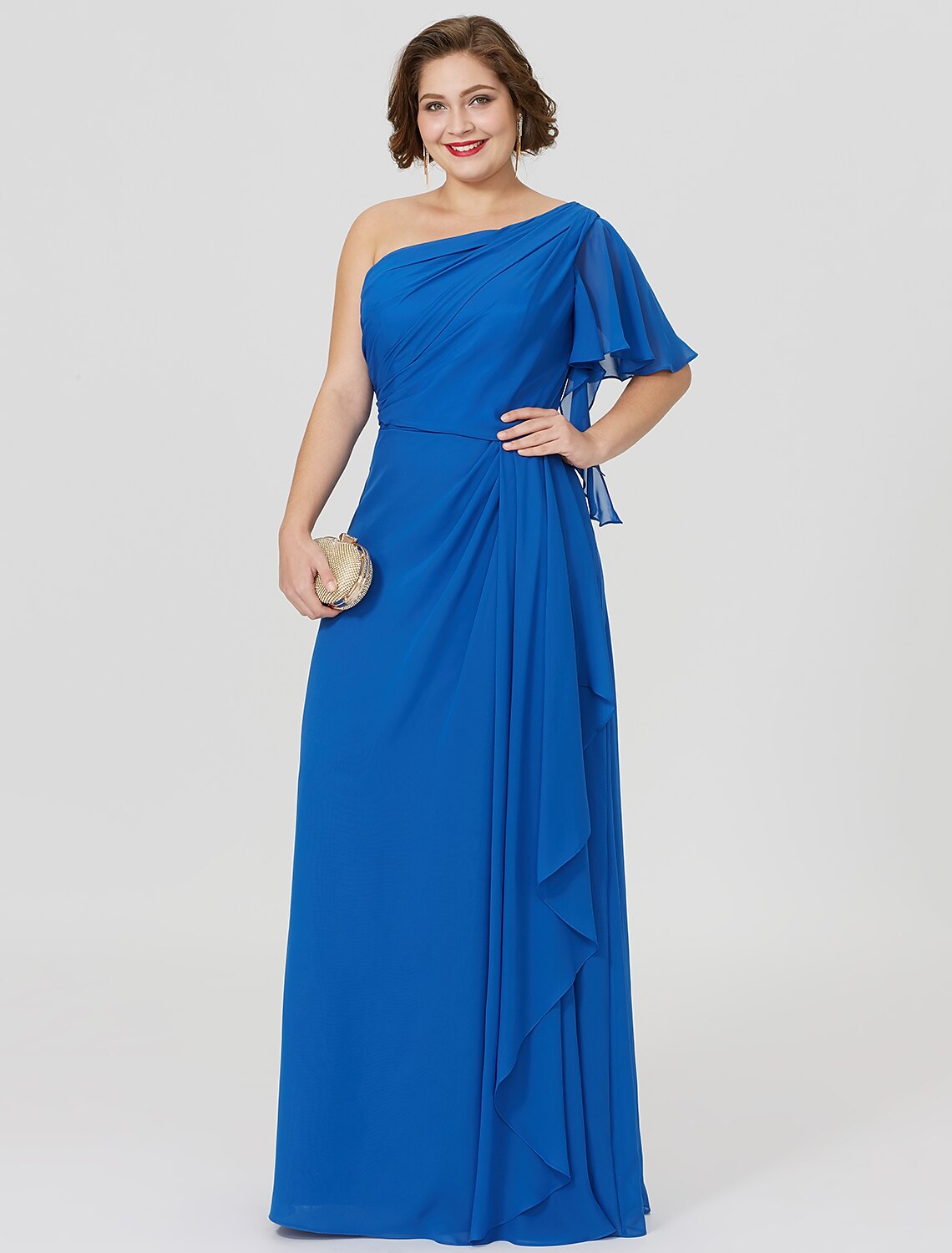 Wholesa Sheath / Column Mother of the Bride Dress Formal Classic & Timeless Elegant & Luxurious Plus Size One Shoulder Floor Length Chiffon Short Sleeve No with Pleats