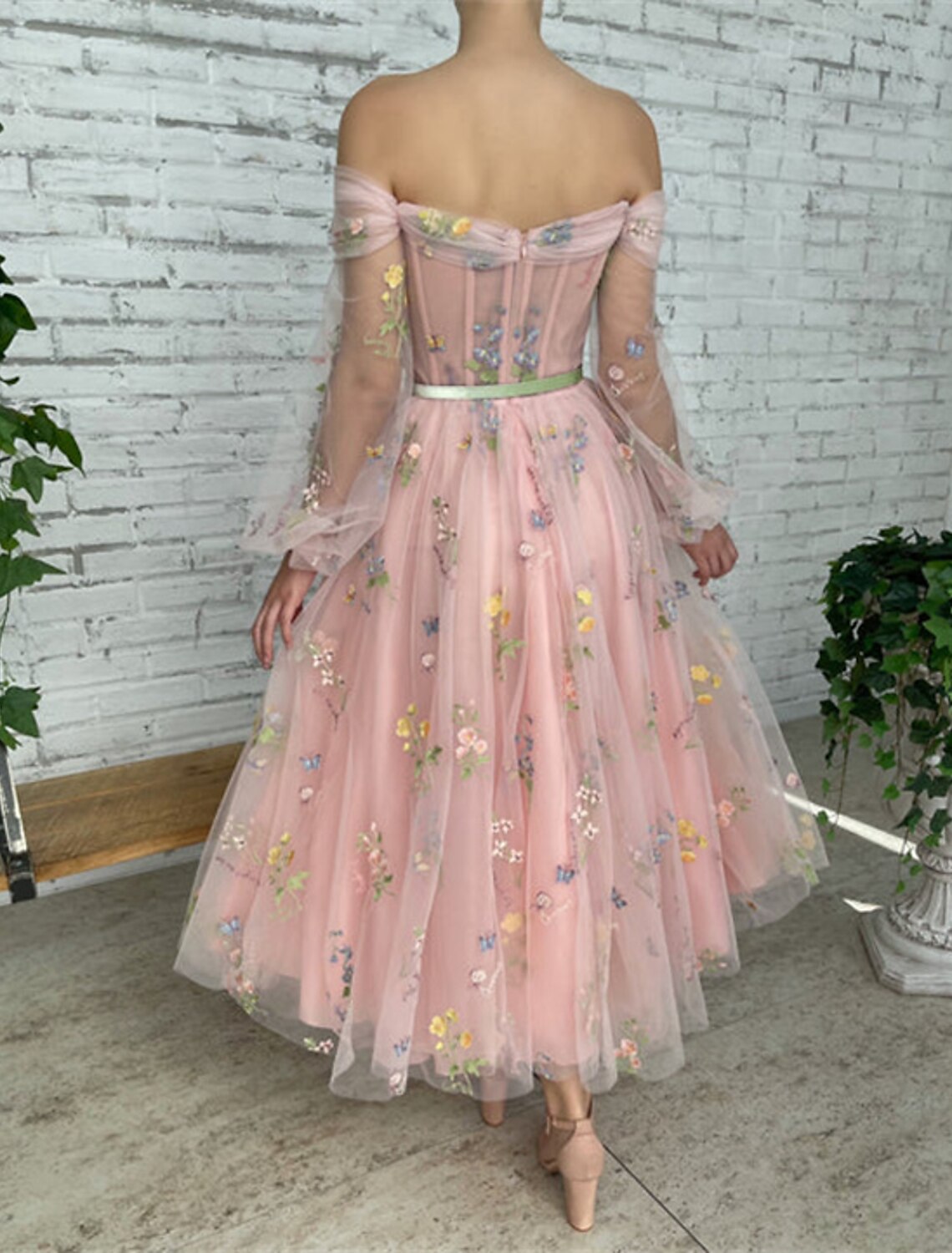 Wholesa A-Line Prom Dresses Floral Dress Birthday Garden Party Ankle Length Long Sleeve Off Shoulder Fall Wedding Guest Lace with Embroidery Appliques