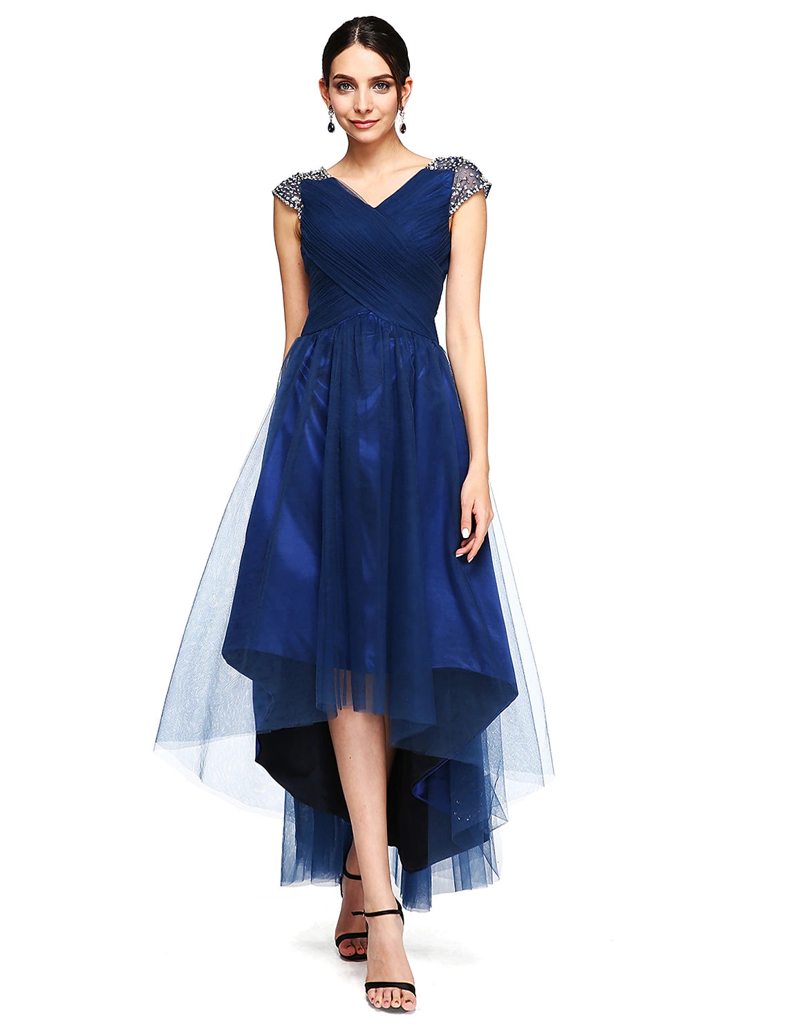 Wholesale A-Line Special Occasion Dresses Open Back Dress Wedding Guest Asymmetrical Short Sleeve V Neck Tulle with Criss Cross Beading