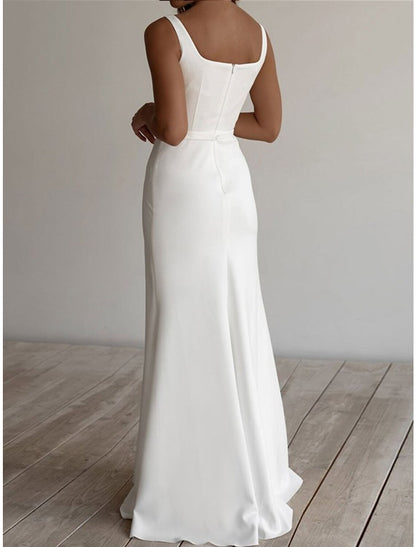 Wholesa Beach Casual Wedding Dresses Sheath / Column Square Neck Sleeveless Floor Length Stretch Fabric Bridal Gowns With Sash / Ribbon