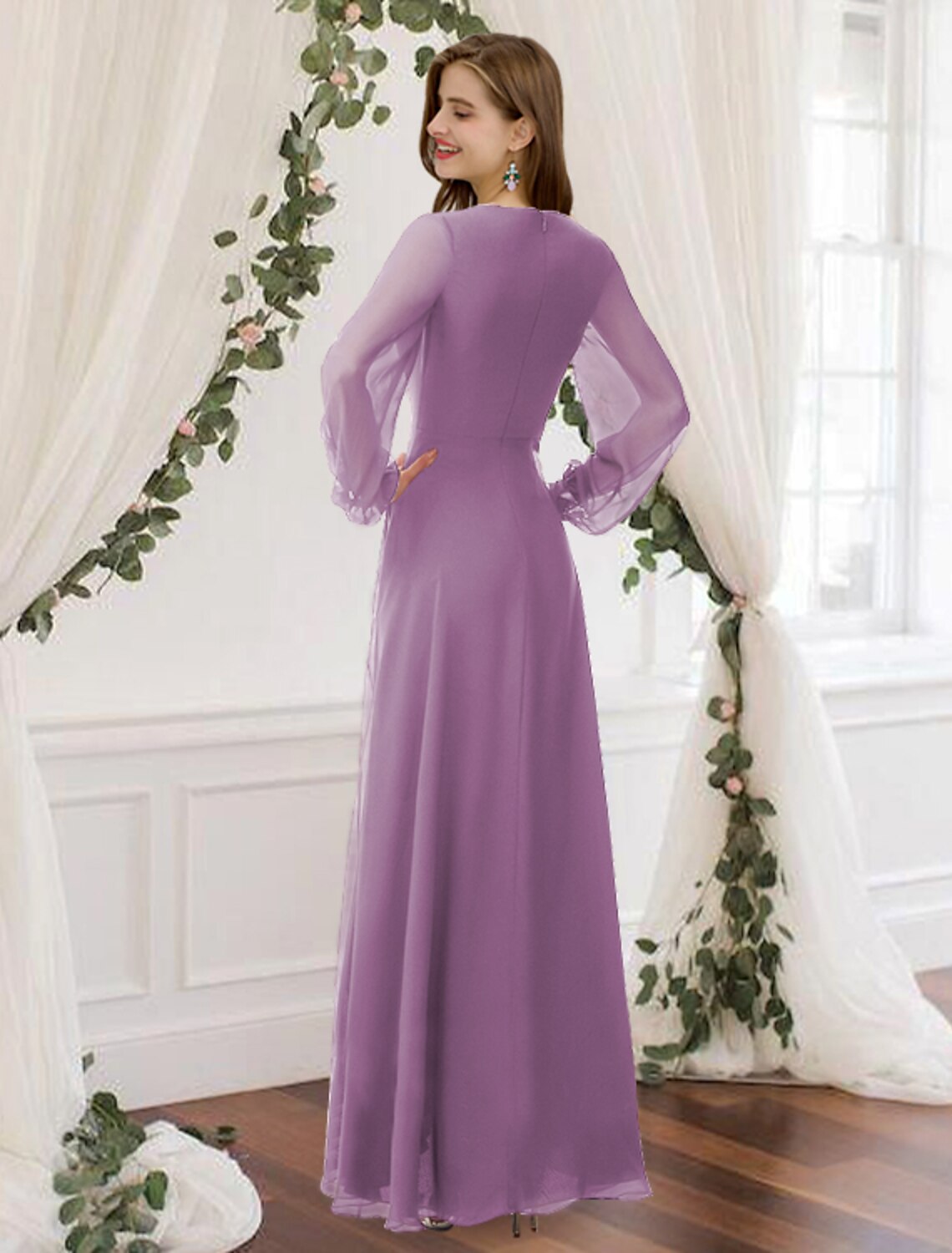 wholesale  A-Line Prom Dresses Empire Dress Wedding Guest Ankle Length Long Sleeve V Neck Chiffon with Pleats