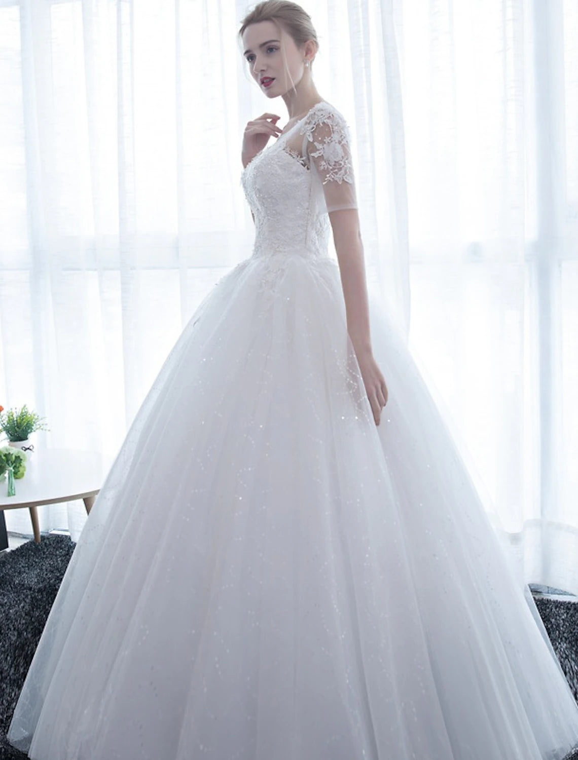 Wholesale Reception Formal Wedding Dresses Ball Gown Illusion Neck Half Sleeve Floor Length Satin Bridal Gowns With Lace 2023 Summer Wedding Party