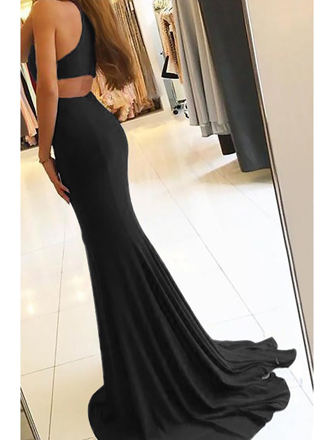 Wholesa  Mermaid / Trumpet Evening Gown Bodycon Dress Formal Prom Court Train Sleeveless High Neck Stretch Fabric with Slit