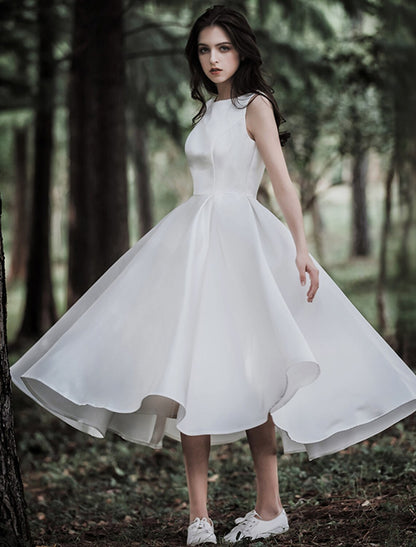 Wholesale Reception Little White Dresses Wedding Dresses A-Line Scoop Neck Sleeveless Tea Length Satin Bridal Gowns With Solid Color 2023 Summer Wedding Party