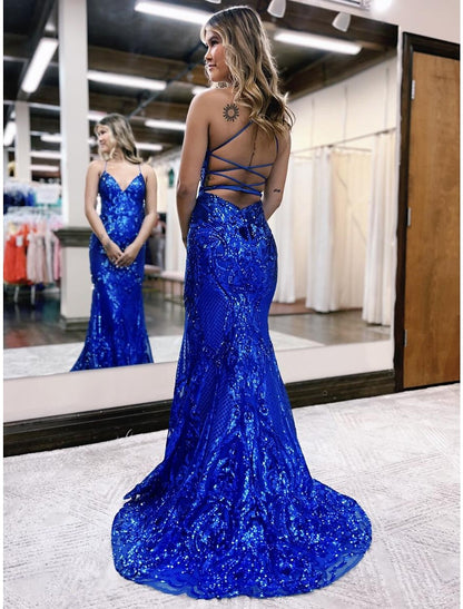 Wholesale Mermaid / Trumpet Prom Dresses Sparkle & Shine Dress Formal Sweep / Brush Train Sleeveless V Neck Sequined Backless with Glitter Sequin