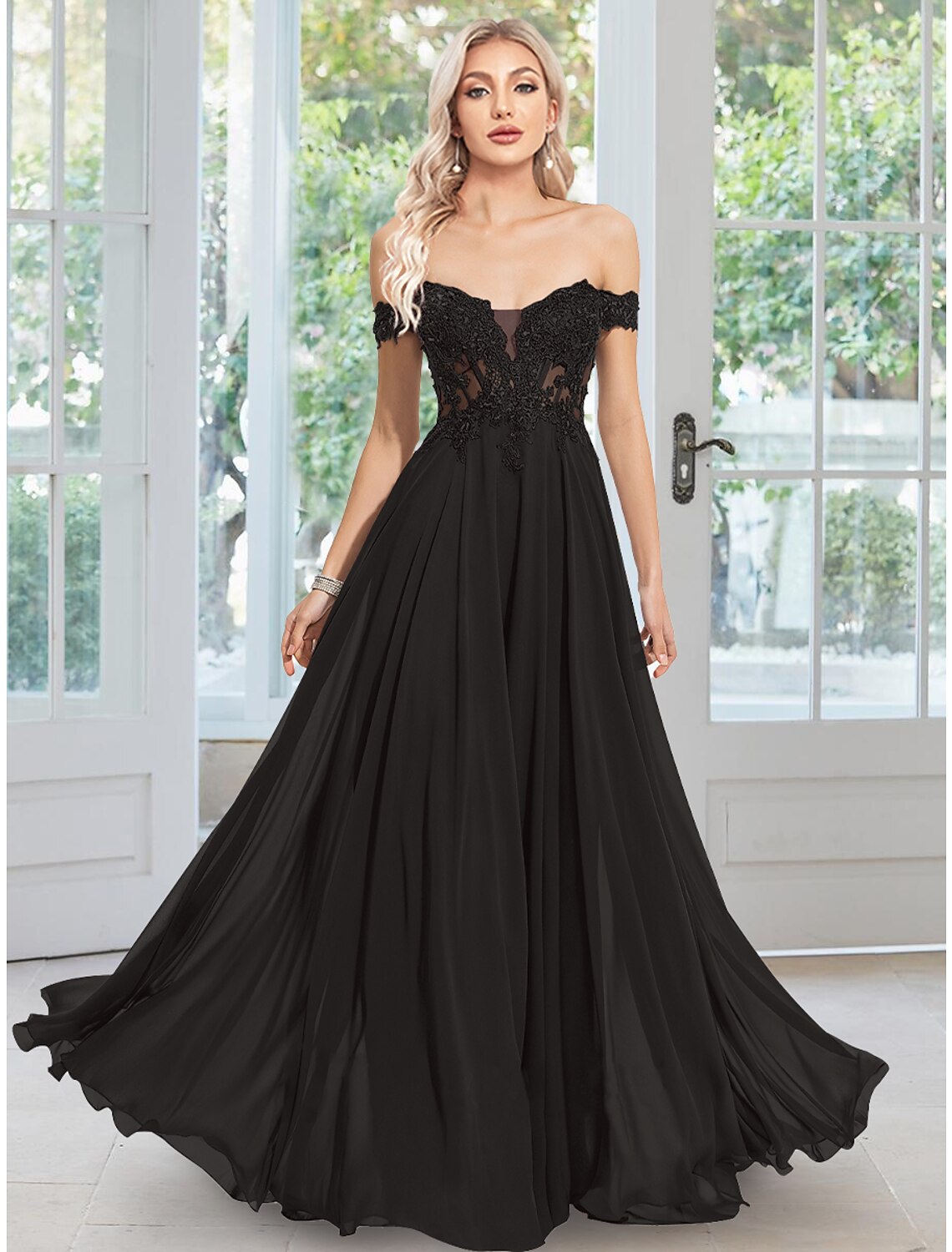 Wholesale A-Line Evening Gown Floral Dress Prom Floor Length Sleeveless Off Shoulder Chiffon with Appliques