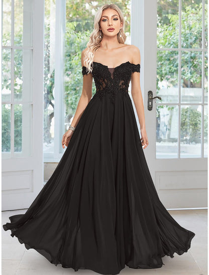 Wholesa A-Line Evening Gown Floral Dress Wedding Guest Prom Floor Length Sleeveless Off Shoulder Chiffon with Appliques