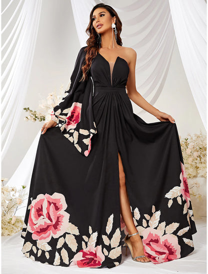 wholesale A-Line Wedding Guest Dresses Floral Dress Formal Court Train Long Sleeve One Shoulder Chiffon with Slit Print