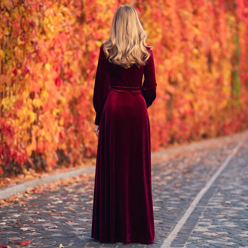 Wholesale Elegant Plum Burgundy Velvet Dress Ruched Long Sleeve Formal Dress