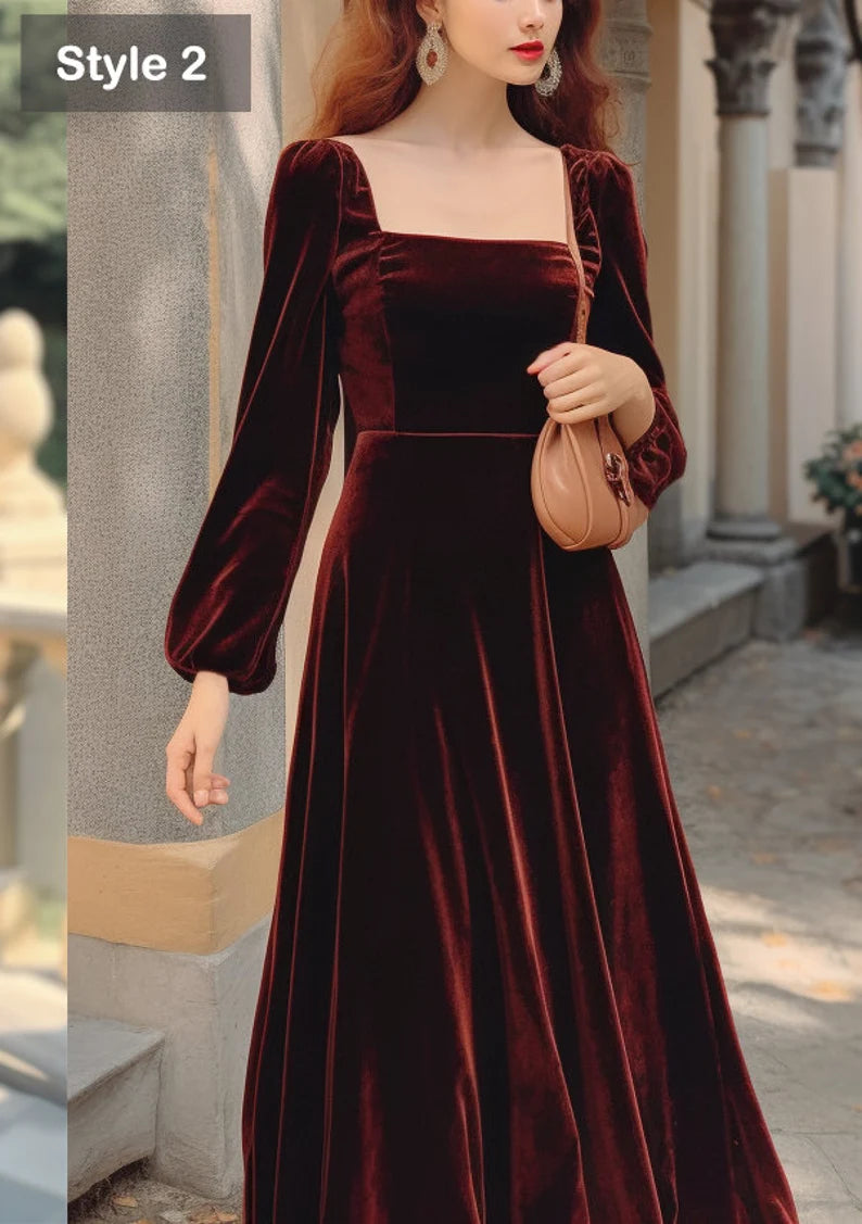 Wholesale Elegant Velvet Dress Ruched Long Sleeve Formal Dress for Wedding Guest Bridesmaid or Evening Dress