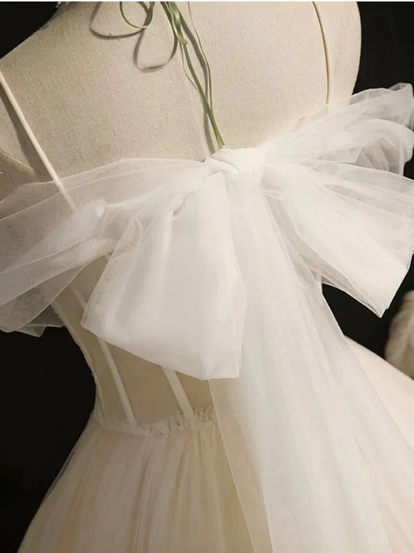 Aimishang Spaghetti Evening Dress Straps Tulle Lace Appliques Short Prom Dresses With Bow