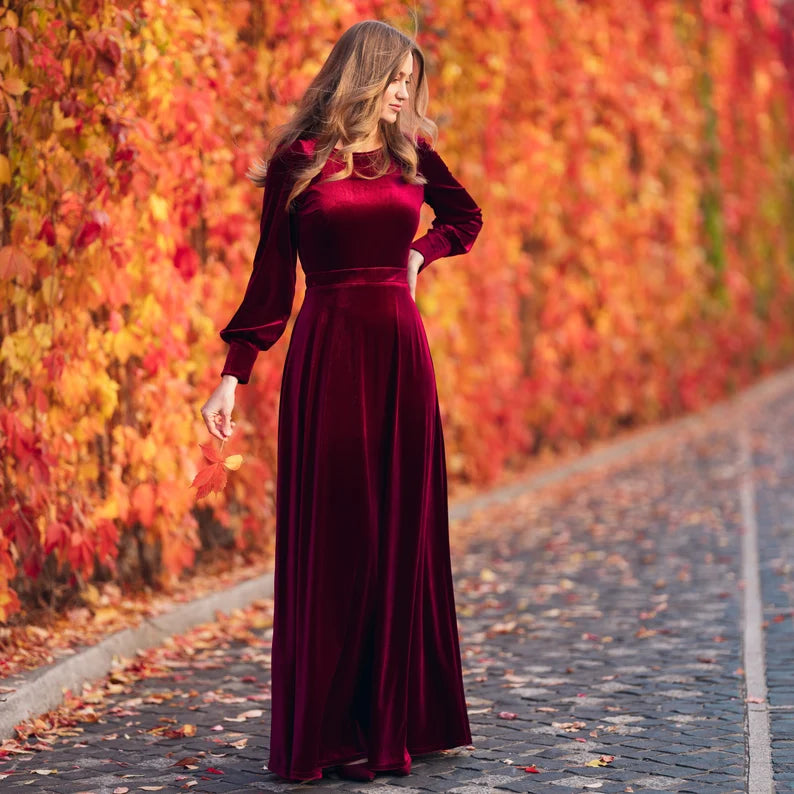 Wholesale Elegant Plum Burgundy Velvet Dress Ruched Long Sleeve Formal Dress