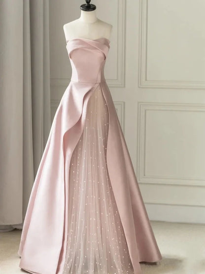 Aimishang Sleeveless Satin A-Line Floor-Length Evening Gown Slit with Tulle Strapless Prom Dress