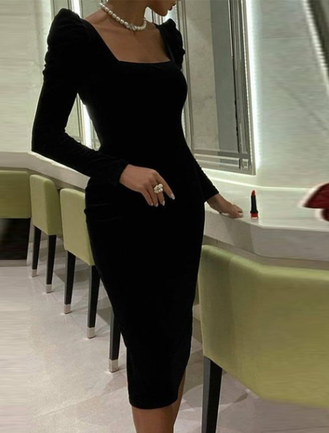 Wholesa Sheath / Column Cocktail Dresses Elegant Dress Wedding Guest Cocktail Party Knee Length Long Sleeve Square Neck Velvet with Pure Color