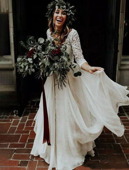 Wholesale Boho Wedding Dresses Ball Gown V Neck 3/4 Length Sleeve Sweep / Brush Train Chiffon Bridal Suits Bridal Gowns With Pleats 2023 Summer Wedding Party