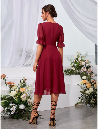 Wholesale A-Line Wedding Guest Dresses Elegant Dress Holiday Tea Length Half Sleeve Jewel Neck Chiffon with Fringe