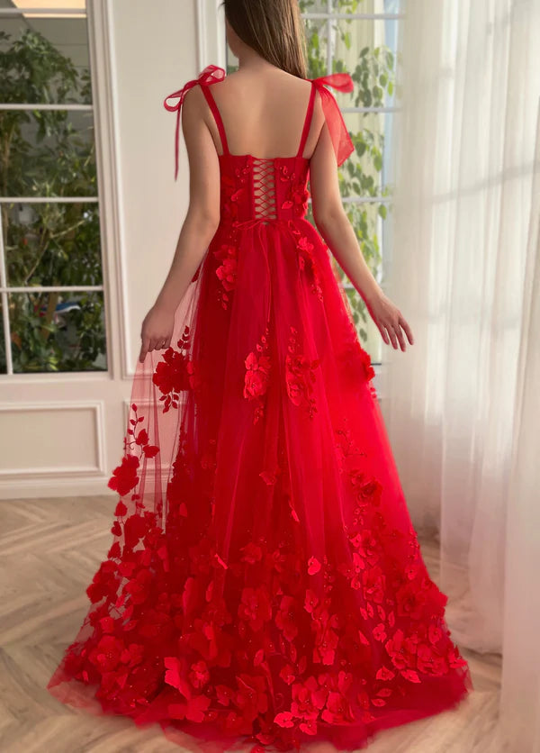 Aimishang Scarlet Lace A-line Evening Dress 3D Flower Long Prom Dress With Slit