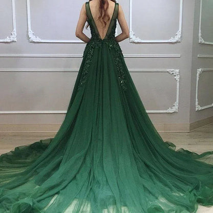 Dark Green Low Back Beaded Lace V-neckline Party Dress A-line Prom Dress Floor Length Wholesale