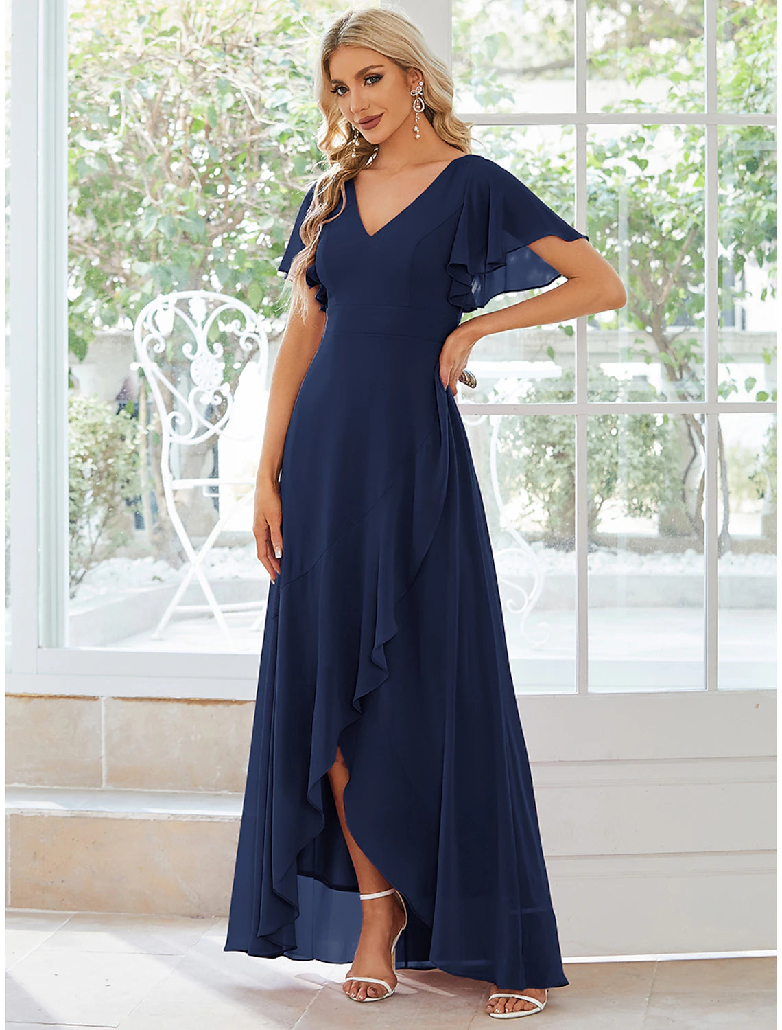 Wholesale A-Line Wedding Guest Dresses Casual Dress Party Wear Asymmetrical Short Sleeve V Neck Chiffon with Ruffles Pure Color