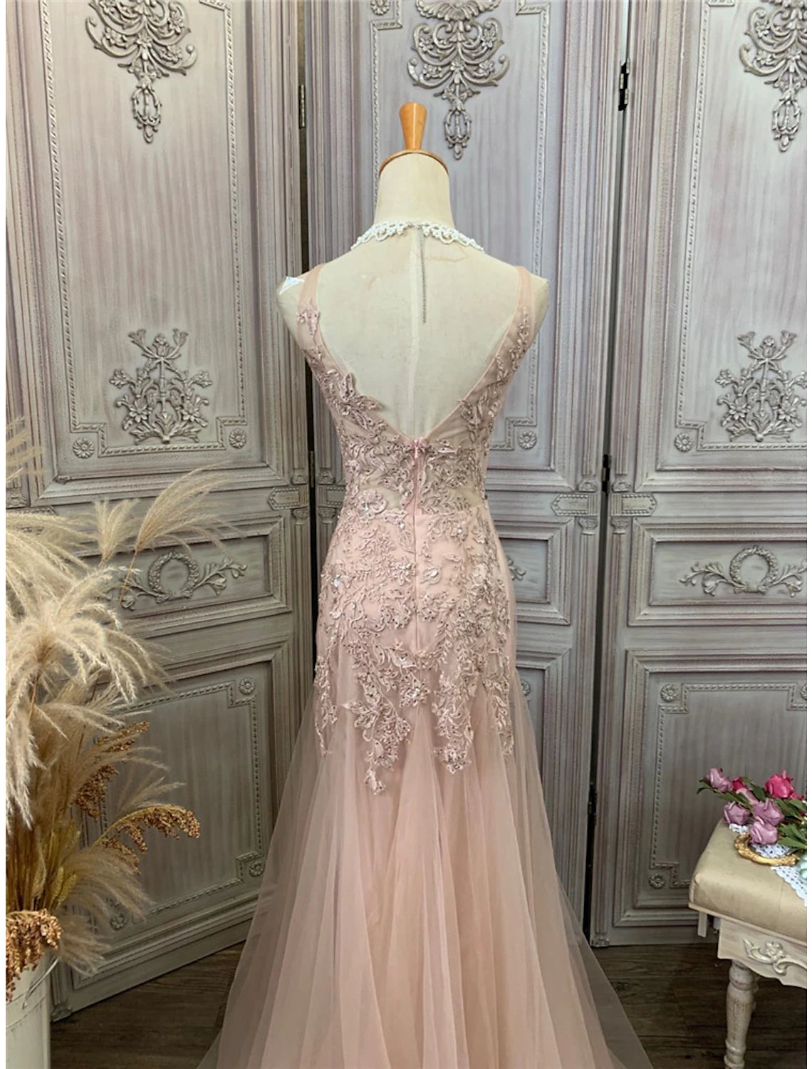 wholesale   Mermaid / Trumpet Prom Dresses Maxi Dress Party Wear Wedding Party Sweep / Brush Train Sleeveless V Neck Tulle with Appliques