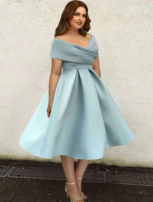 Wholesa  A-Line Cocktail Dresses 1950s Dress Wedding Guest Cocktail Party Tea Length Short Sleeve V Neck Satin with Sleek Pleats Pure Color