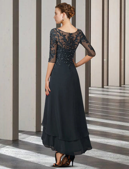 wholesale A-Line Mother of the Bride Dress Elegant High Low V Neck Asymmetrical Ankle Length Chiffon Lace Half Sleeve with Beading Ruffles Appliques