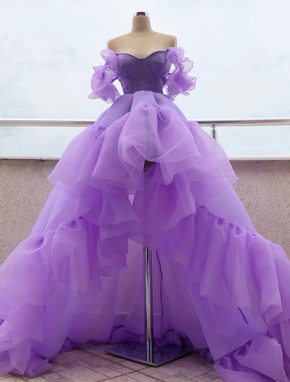 Wholesa A-Line Prom Dresses High Low Dress Quinceanera Asymmetrical Purple Short Sleeve Off Shoulder Tulle with Tier