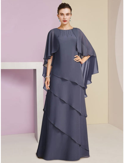 Wholesa  Sheath / Column Mother of the Bride Dress Wedding Guest Elegant Jewel Neck Floor Length Chiffon Half Sleeve with Sequin Tier Solid Color