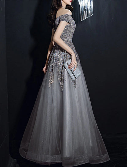 wholesale A-Line Prom Dresses Elegant Dress Formal Floor Length Short Sleeve Off Shoulder Polyester with Sequin