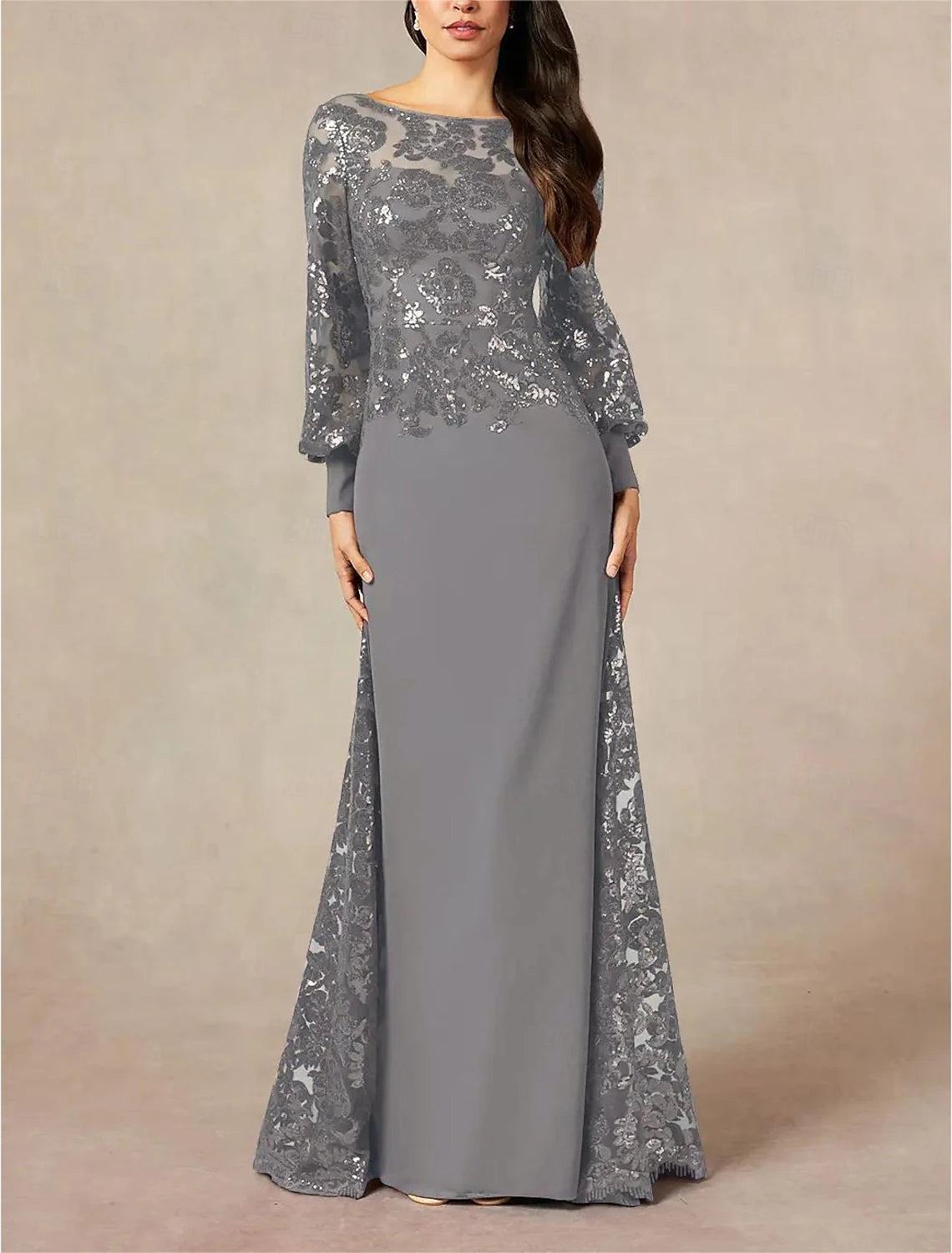 Wholesa A-Line Mother of the Bride Dress Formal Wedding Guest Elegant Jewel Neck Floor Length Chiffon Sequined Long Sleeve with Sequin