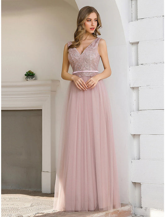 Wholesale A-Line Evening Gown Elegant Dress Wedding Guest Floor Length Sleeveless V Neck Satin V Back with Sash / Ribbon Sequin