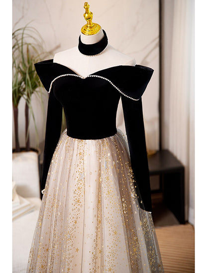 wholesale   A-Line Prom Dresses Sparkle & Shine Dress Engagement Floor Length Long Sleeve Sweetheart Tulle with Sequin